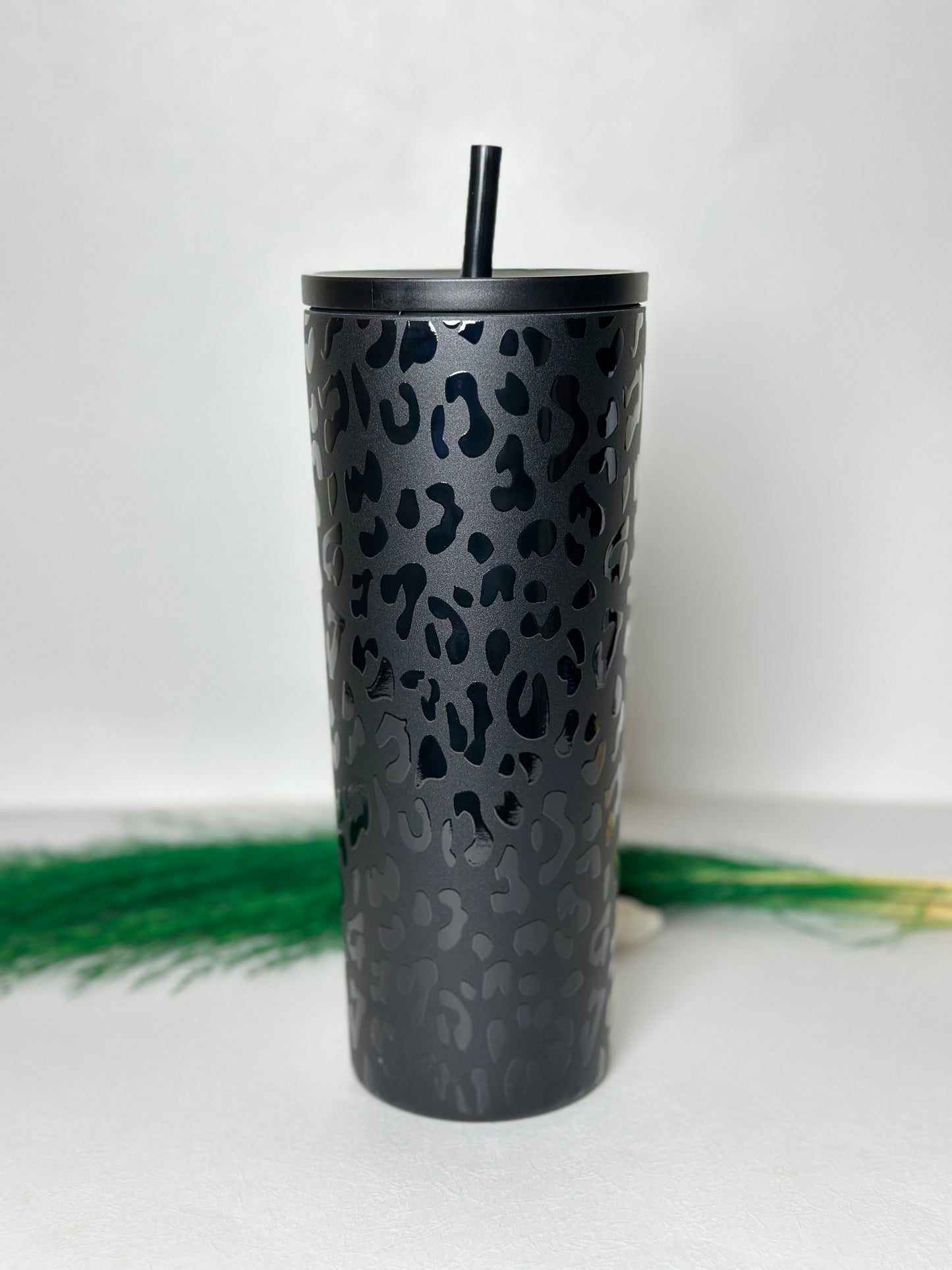 Black, stainless steel Cheetah print tumbler