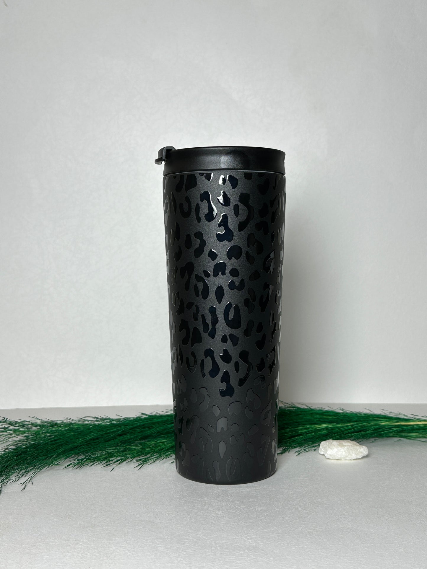 Black, stainless steel Cheetah print tumbler